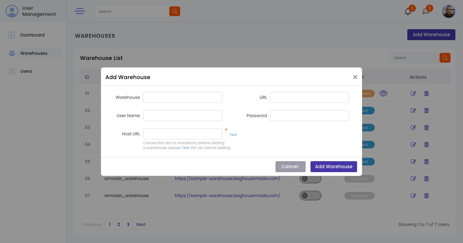 User Management - Add Warehouse